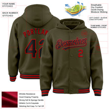 Charger l'image dans la galerie, Custom Olive Black-Red Bomber Full-Snap Varsity Letterman Salute To Service Hoodie Jacket