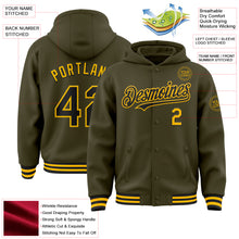 Laden Sie das Bild in den Galerie-Viewer, Custom Olive Black-Gold Bomber Full-Snap Varsity Letterman Salute To Service Hoodie Jacket