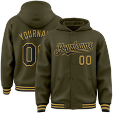 Charger l'image dans la galerie, Custom Olive Black-Old Gold Bomber Full-Snap Varsity Letterman Salute To Service Hoodie Jacket