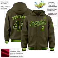 Laden Sie das Bild in den Galerie-Viewer, Custom Olive Black-Neon Green Bomber Full-Snap Varsity Letterman Salute To Service Hoodie Jacket