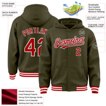 Charger l'image dans la galerie, Custom Olive Red-White Bomber Full-Snap Varsity Letterman Salute To Service Hoodie Jacket