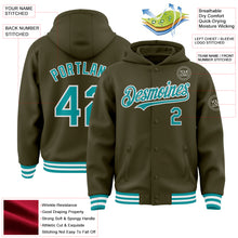 Charger l'image dans la galerie, Custom Olive Teal-White Bomber Full-Snap Varsity Letterman Salute To Service Hoodie Jacket