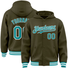 Charger l'image dans la galerie, Custom Olive Teal-White Bomber Full-Snap Varsity Letterman Salute To Service Hoodie Jacket