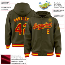 Charger l'image dans la galerie, Custom Olive Red-Gold Bomber Full-Snap Varsity Letterman Salute To Service Hoodie Jacket