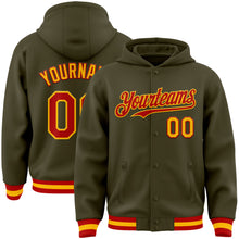 Charger l'image dans la galerie, Custom Olive Red-Gold Bomber Full-Snap Varsity Letterman Salute To Service Hoodie Jacket