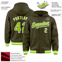 Charger l'image dans la galerie, Custom Olive Neon Green-White Bomber Full-Snap Varsity Letterman Salute To Service Hoodie Jacket