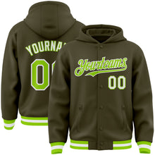 Charger l'image dans la galerie, Custom Olive Neon Green-White Bomber Full-Snap Varsity Letterman Salute To Service Hoodie Jacket