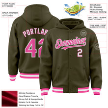 Charger l'image dans la galerie, Custom Olive Pink-White Bomber Full-Snap Varsity Letterman Salute To Service Hoodie Jacket
