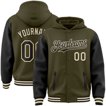 Charger l'image dans la galerie, Custom Olive Black-Cream Bomber Full-Snap Varsity Letterman Two Tone Salute To Service Hoodie Jacket