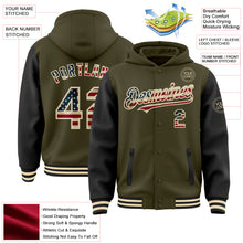 Charger l'image dans la galerie, Custom Olive Vintage USA Flag Cream-Black Bomber Full-Snap Varsity Letterman Two Tone Salute To Service Hoodie Jacket