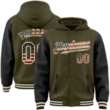 Charger l'image dans la galerie, Custom Olive Vintage USA Flag Cream-Black Bomber Full-Snap Varsity Letterman Two Tone Salute To Service Hoodie Jacket