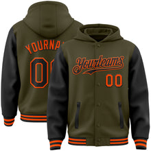 Charger l'image dans la galerie, Custom Olive Black-Orange Bomber Full-Snap Varsity Letterman Two Tone Salute To Service Hoodie Jacket