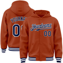 Load image into Gallery viewer, Custom Texas Orange Navy-White Bomber Full-Snap Varsity Letterman Hoodie Jacket