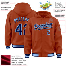 Load image into Gallery viewer, Custom Texas Orange Navy-Light Blue Bomber Full-Snap Varsity Letterman Hoodie Jacket