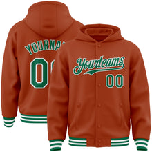 Load image into Gallery viewer, Custom Texas Orange Kelly Green-White Bomber Full-Snap Varsity Letterman Hoodie Jacket