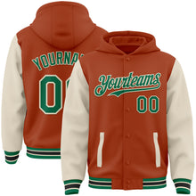 Load image into Gallery viewer, Custom Texas Orange Kelly Green-Cream Bomber Full-Snap Varsity Letterman Two Tone Hoodie Jacket