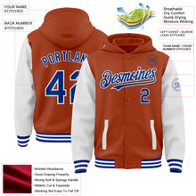 Load image into Gallery viewer, Custom Texas Orange Royal-White Bomber Full-Snap Varsity Letterman Two Tone Hoodie Jacket