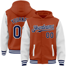 Charger l'image dans la galerie, Custom Texas Orange Navy-White Bomber Full-Snap Varsity Letterman Two Tone Hoodie Jacket