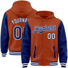 Load image into Gallery viewer, Custom Texas Orange Royal-White Bomber Full-Snap Varsity Letterman Two Tone Hoodie Jacket
