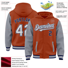 Load image into Gallery viewer, Custom Texas Orange Navy-Gray Bomber Full-Snap Varsity Letterman Two Tone Hoodie Jacket