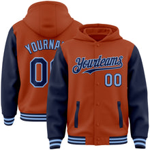 Load image into Gallery viewer, Custom Texas Orange Navy-Light Blue Bomber Full-Snap Varsity Letterman Two Tone Hoodie Jacket