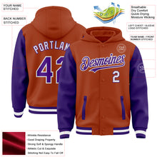 Load image into Gallery viewer, Custom Texas Orange Purple-White Bomber Full-Snap Varsity Letterman Two Tone Hoodie Jacket