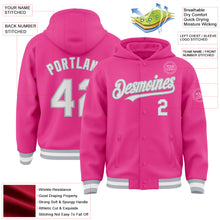 Charger l'image dans la galerie, Custom Pink White-Gray Bomber Full-Snap Varsity Letterman Hoodie Jacket