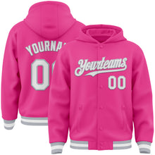 Charger l'image dans la galerie, Custom Pink White-Gray Bomber Full-Snap Varsity Letterman Hoodie Jacket