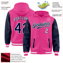 Загрузить изображение в средство просмотра галереи, Custom Pink Navy-White Bomber Full-Snap Varsity Letterman Two Tone Hoodie Jacket