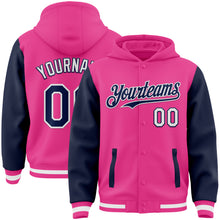 Загрузить изображение в средство просмотра галереи, Custom Pink Navy-White Bomber Full-Snap Varsity Letterman Two Tone Hoodie Jacket