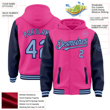 Загрузить изображение в средство просмотра галереи, Custom Pink Light Blue-Navy Bomber Full-Snap Varsity Letterman Two Tone Hoodie Jacket