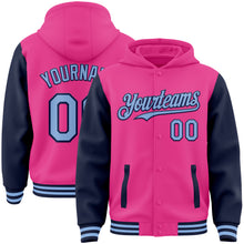 Загрузить изображение в средство просмотра галереи, Custom Pink Light Blue-Navy Bomber Full-Snap Varsity Letterman Two Tone Hoodie Jacket