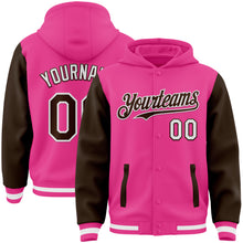 Загрузить изображение в средство просмотра галереи, Custom Pink Brown-White Bomber Full-Snap Varsity Letterman Two Tone Hoodie Jacket