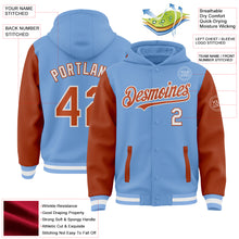 Charger l'image dans la galerie, Custom Light Blue Texas Orange-White Bomber Full-Snap Varsity Letterman Two Tone Hoodie Jacket