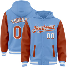 Charger l'image dans la galerie, Custom Light Blue Texas Orange-White Bomber Full-Snap Varsity Letterman Two Tone Hoodie Jacket