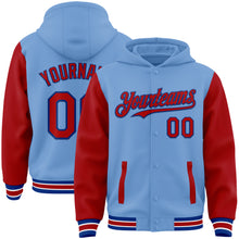 Load image into Gallery viewer, Custom Light Blue Red-Royal Bomber Full-Snap Varsity Letterman Two Tone Hoodie Jacket