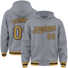 Charger l'image dans la galerie, Custom Gray Old Gold-Black Bomber Full-Snap Varsity Letterman Hoodie Jacket