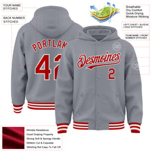 Laden Sie das Bild in den Galerie-Viewer, Custom Gray Red-White Bomber Full-Snap Varsity Letterman Hoodie Jacket