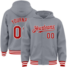 Laden Sie das Bild in den Galerie-Viewer, Custom Gray Red-White Bomber Full-Snap Varsity Letterman Hoodie Jacket