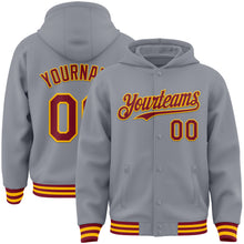 Load image into Gallery viewer, Custom Gray Crimson-Gold Bomber Full-Snap Varsity Letterman Hoodie Jacket