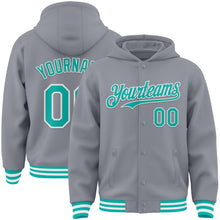 Загрузить изображение в средство просмотра галереи, Custom Gray Aqua-White Bomber Full-Snap Varsity Letterman Hoodie Jacket