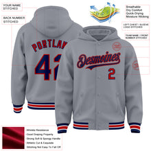 Load image into Gallery viewer, Custom Gray Navy-Red Bomber Full-Snap Varsity Letterman Hoodie Jacket