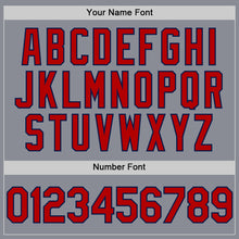 Laden Sie das Bild in den Galerie-Viewer, Custom Gray Red-Navy Bomber Full-Snap Varsity Letterman Hoodie Jacket