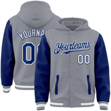 Laden Sie das Bild in den Galerie-Viewer, Custom Gray Royal-White Bomber Full-Snap Varsity Letterman Two Tone Hoodie Jacket
