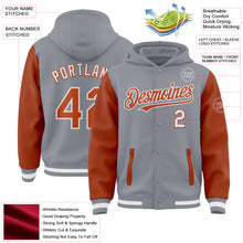 Charger l'image dans la galerie, Custom Gray Texas Orange-White Bomber Full-Snap Varsity Letterman Two Tone Hoodie Jacket