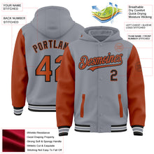Charger l'image dans la galerie, Custom Gray Texas Orange-Black Bomber Full-Snap Varsity Letterman Two Tone Hoodie Jacket