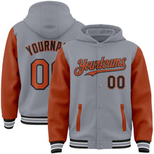 Charger l'image dans la galerie, Custom Gray Texas Orange-Black Bomber Full-Snap Varsity Letterman Two Tone Hoodie Jacket