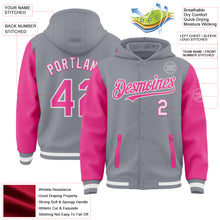 Charger l'image dans la galerie, Custom Gray Pink-White Bomber Full-Snap Varsity Letterman Two Tone Hoodie Jacket
