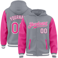 Charger l'image dans la galerie, Custom Gray Pink-White Bomber Full-Snap Varsity Letterman Two Tone Hoodie Jacket