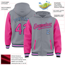 Charger l'image dans la galerie, Custom Gray Pink Black-Light Blue Bomber Full-Snap Varsity Letterman Two Tone Hoodie Jacket